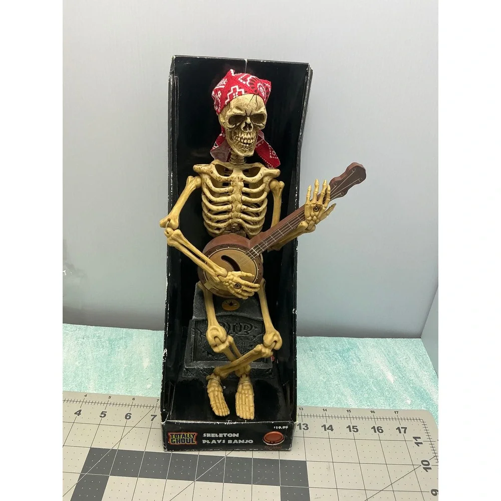 Totally Ghoul Animated Banjo Player Skeleton Halloween Decor Tombstone Works